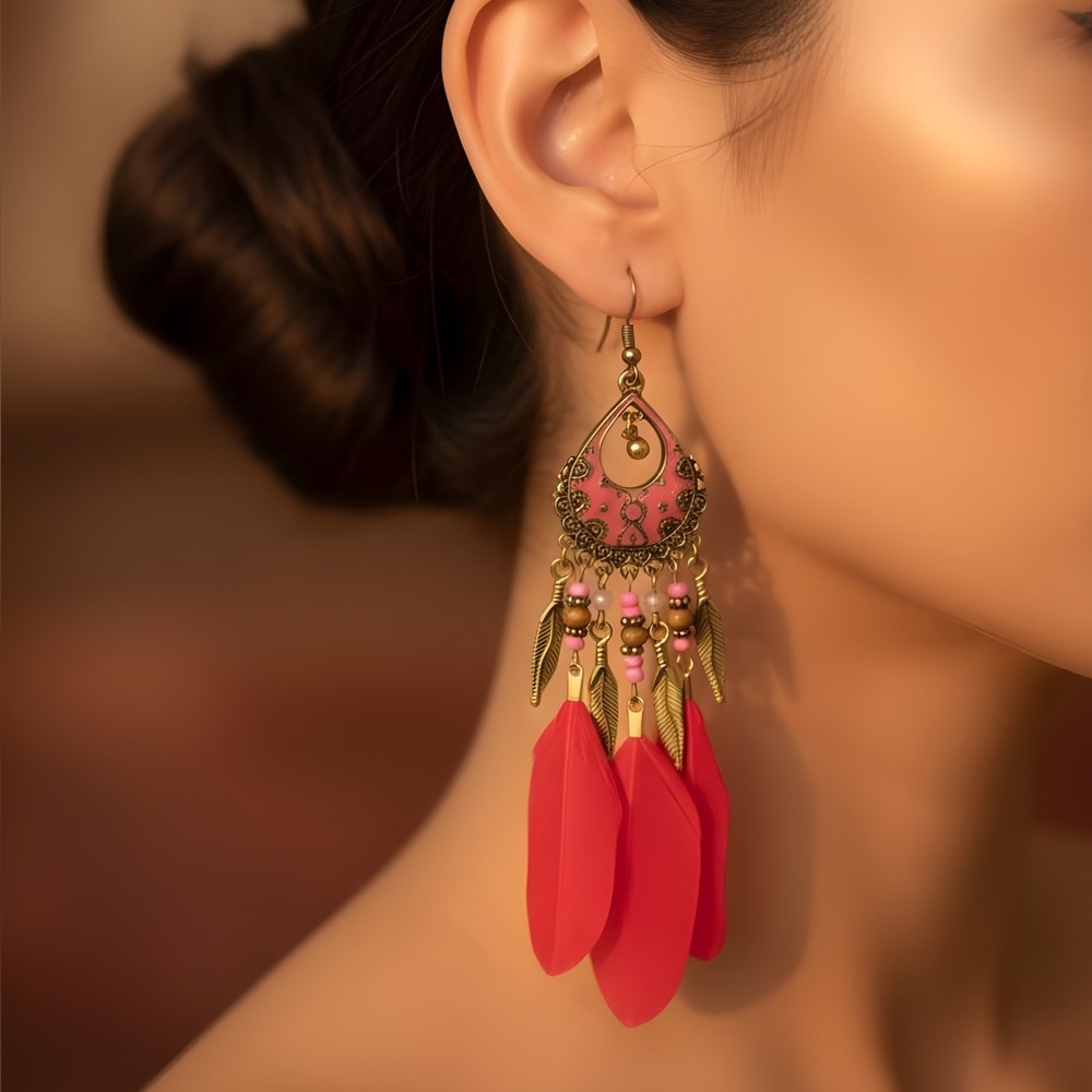 Bohemian Gold and Red Feather Earrings